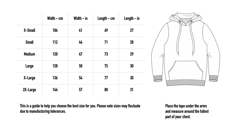 Size chart for MGHGAG Custom Hoodie