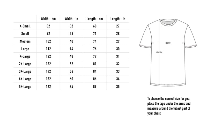Size chart for Hand Tee - Black
